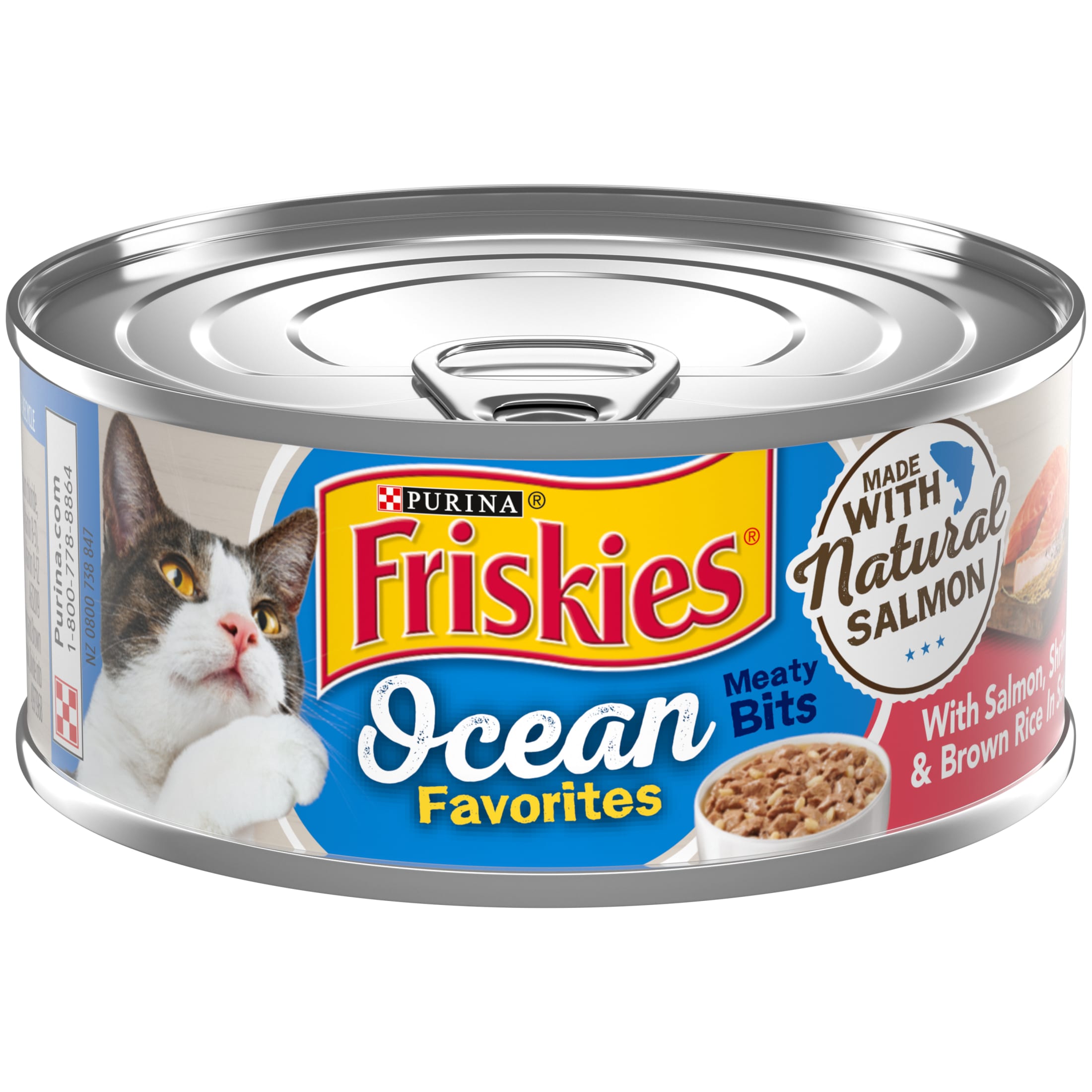 Purina Friskies Ocean Favorites Meaty Bits, Salmon, Shrimp \u0026 Brown Rice, Wet Cat Food, 5.5 oz Can